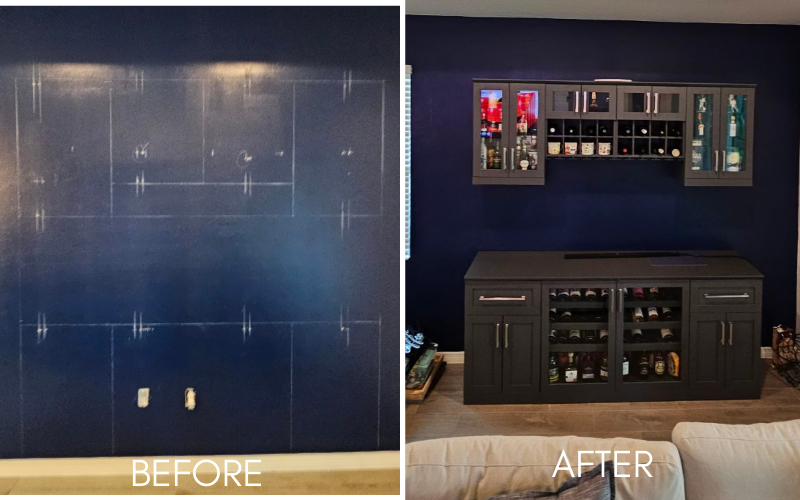  Paint wall blue, install cabinets