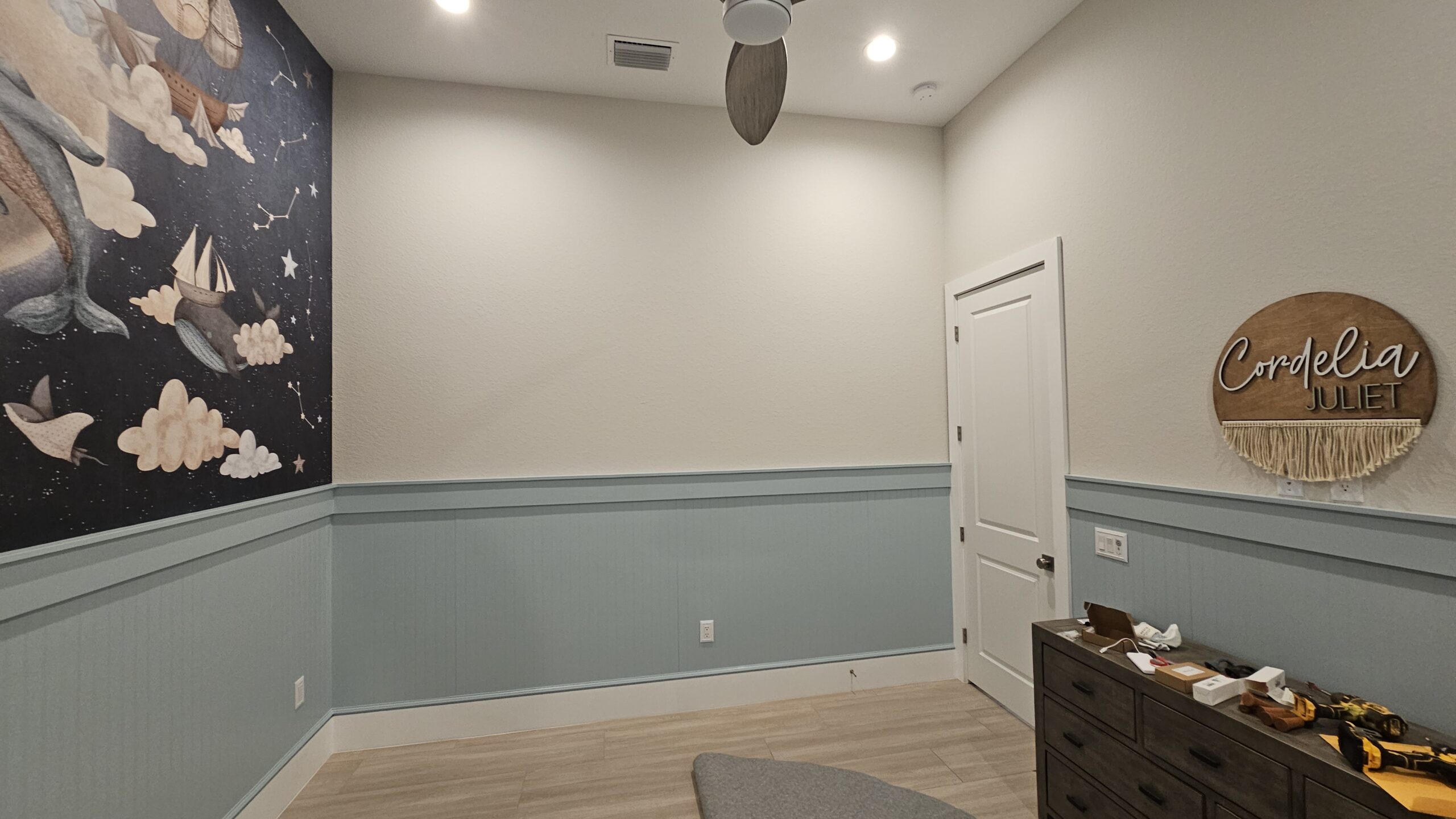 Nautical-Themed Baby Room: Wainscoting, Beadboard, and Functional Details