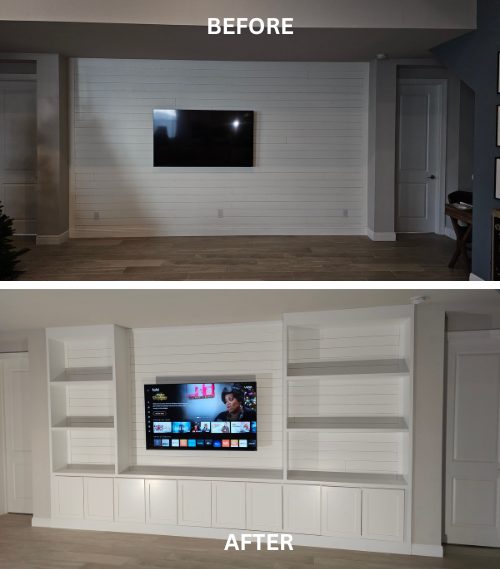 Bonita Springs Media Wall with Shiplap, Cabinets, and Shelves for Michelle Marx
