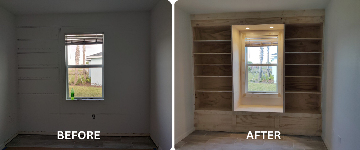 Bench seat with shelves build in, framing phase