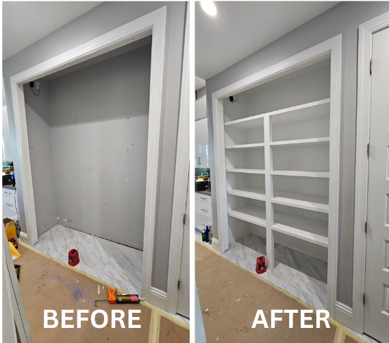 Closets next to kitchen into pantry shelves for food