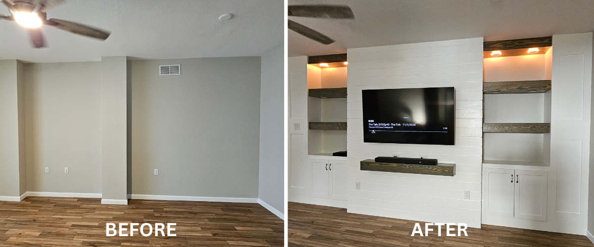 Bonita Media Wall with Shiplap, Stained Underlit Shelves, Stained Mantle, and Cabinets