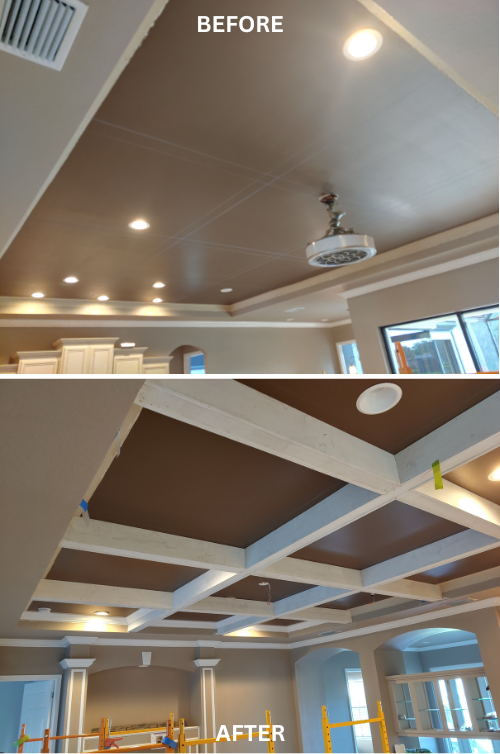 First coffered ceiling project, including before photos and some in-progress pictures.