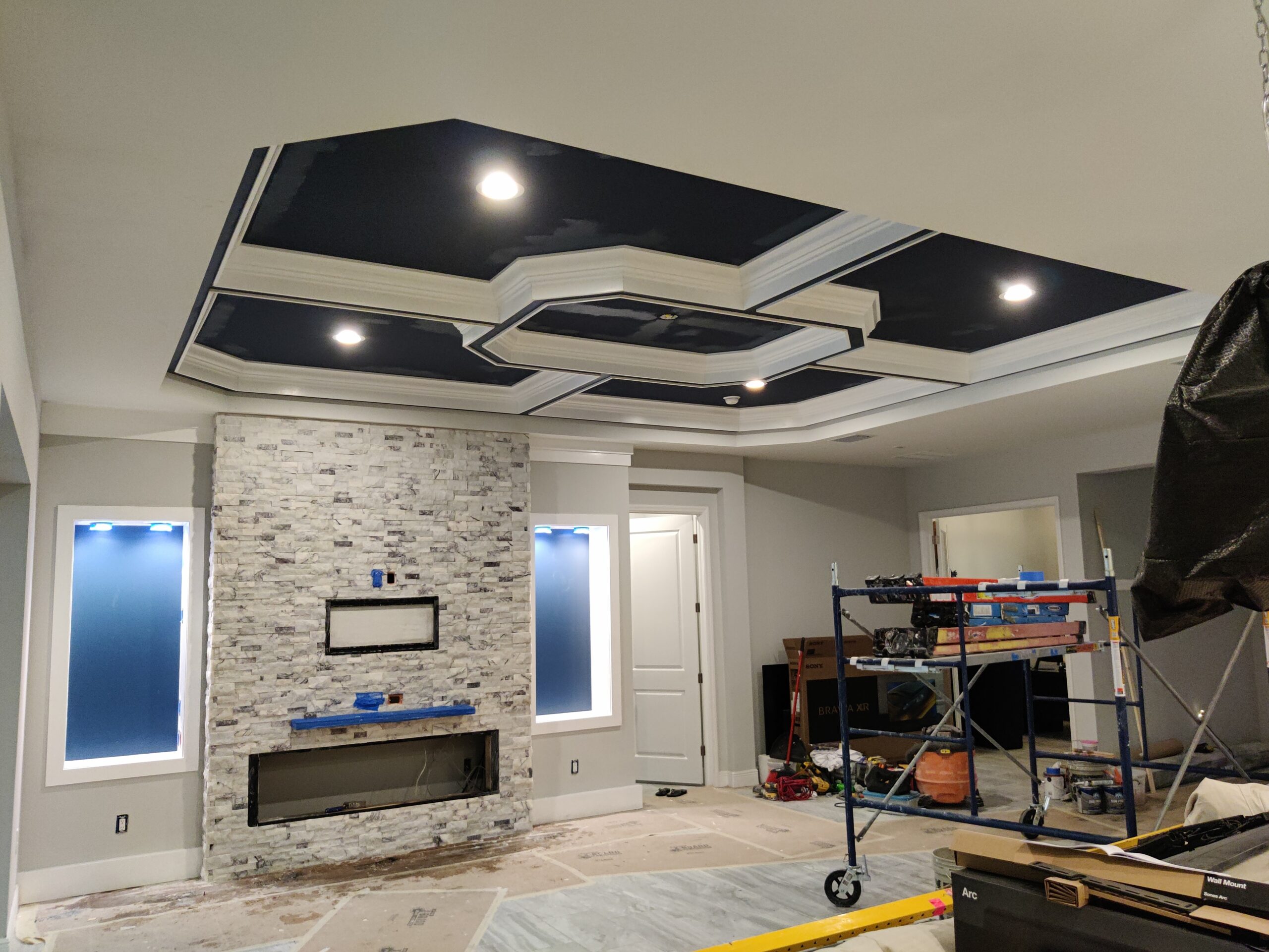 Coffer Ceiling With Crowns Molding and Blue Ceiling Paint