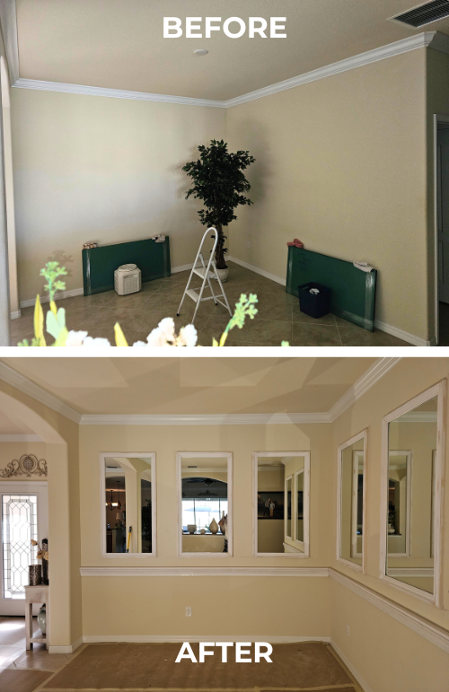 Interior Enhancements: Green Wall Wainscoting, Dining Room Mirrors, and Decorative Trim